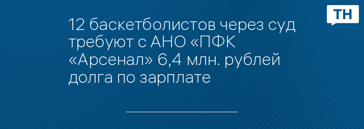 12 баскетболистов через суд требуют с АНО «ПФК «Арсенал» 6,4 млн. рублей долга по зарплате