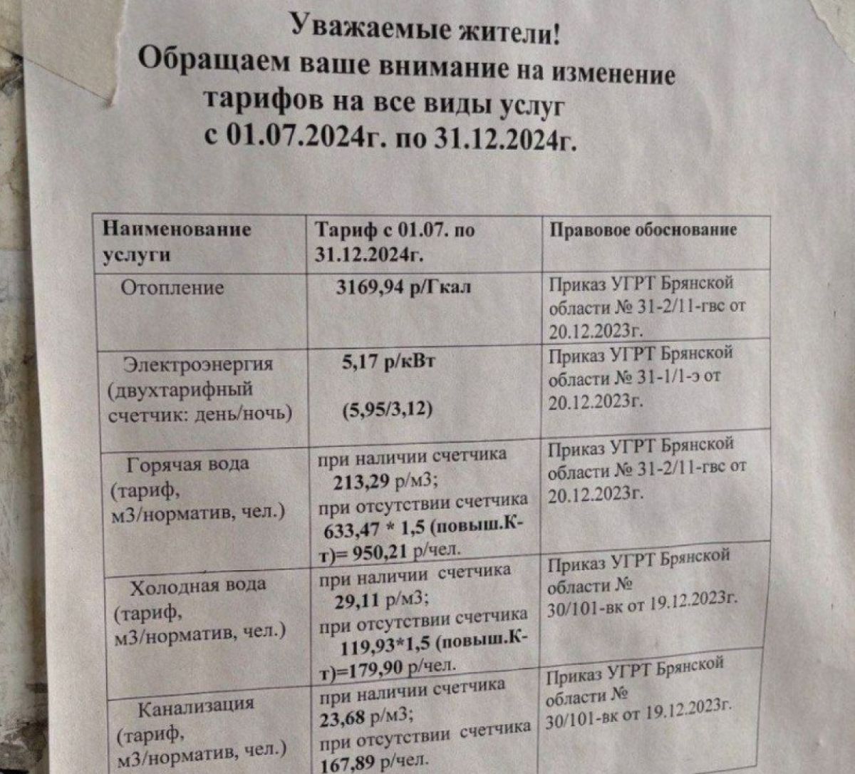 В Брянске подорожали вода, отопление, канализация и электричество