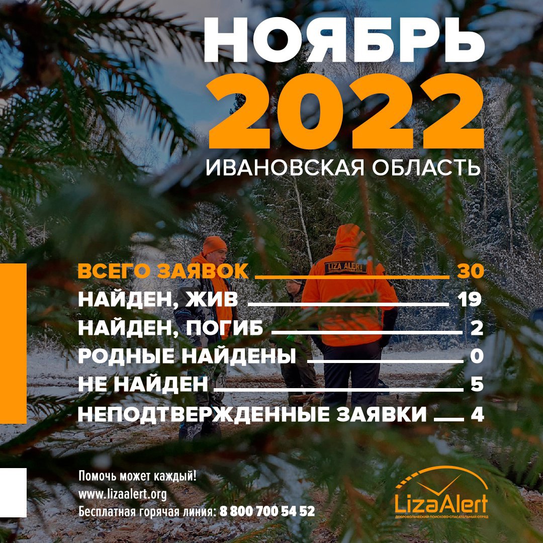 За ноябрь «ЛизаАлерт» Ивановской области поступило 30 заявок на поиски пропавших людей