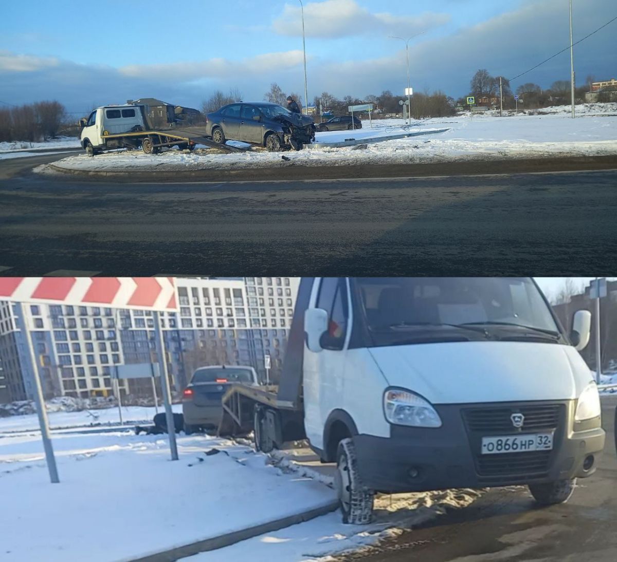 В Брянске легковой автомобиль сбил на кольцевой развязке фонарный столб